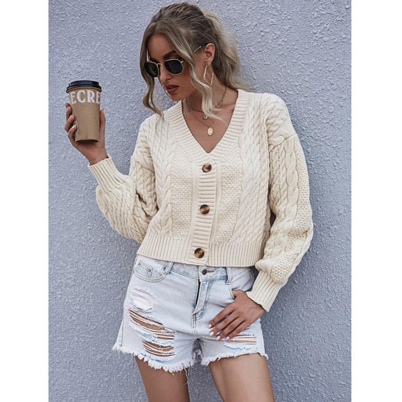 Cable Knit Drop Shoulder Button Front Cardigan - Picture 6 of 7